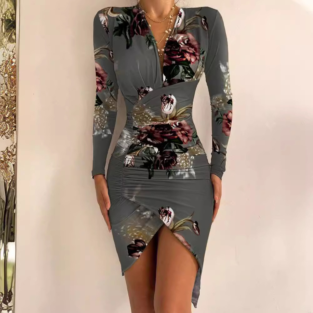 Aw2021 long sleeve V-neck print tight split dress womens wear