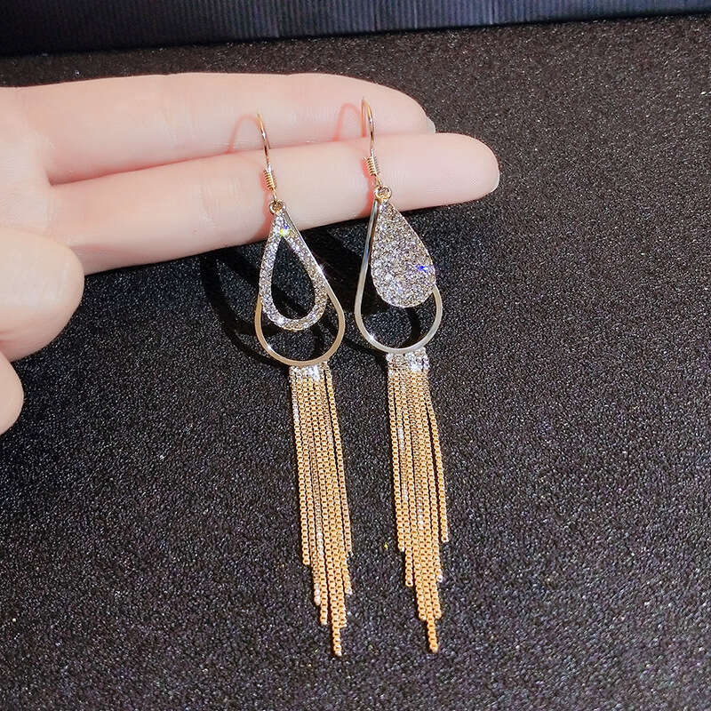 Temperament long style full dia tassel Korean internet celebrity temperament women's sier needles personality exaggerated design earrings