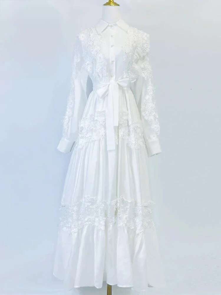 Autumn Lace Flower Embroidery Long Sleeve Maxi Evening Dresses Shirt Women Single Breasted Prom Wedding Party Vestidos