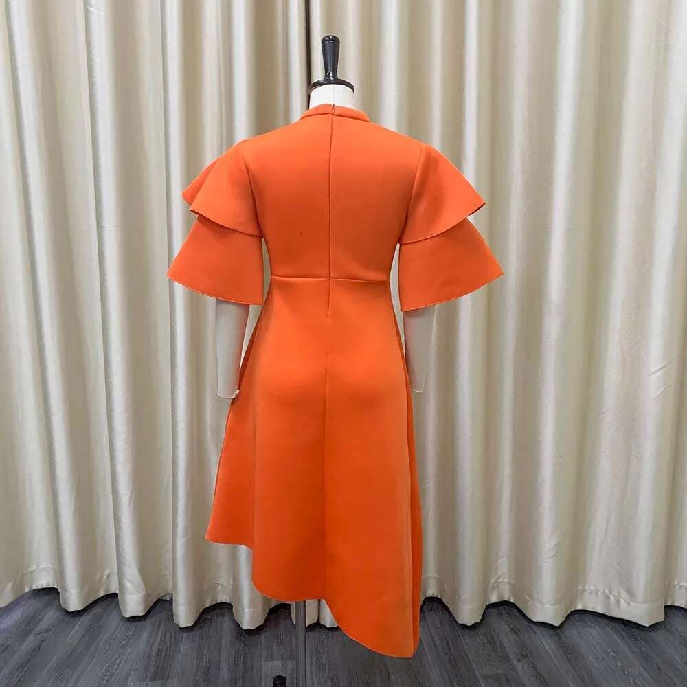 Elegant Party Dresses For Woman 2024 New O Neck Ruffles Sleeve High Waisted Asymmetric Mid Calf Birthday Dinner Vestidos
