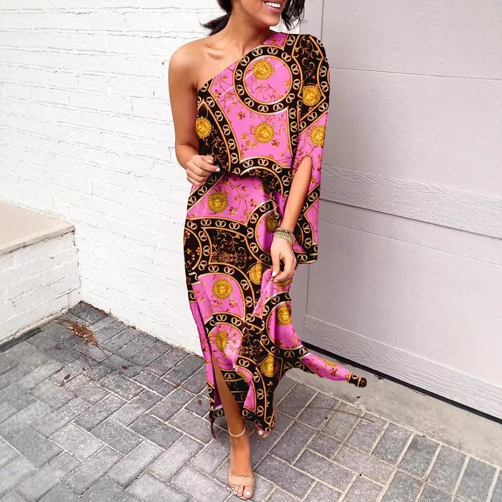 2022 summer loose off shoulder and waist print womens dress