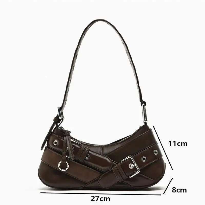 Designer Bag Y2k Fashion PU Leather Shoulder Bags For Women Punk Belt-Decor Locomotive Lady Underarm Bag High-End Female Handbags Black Brown