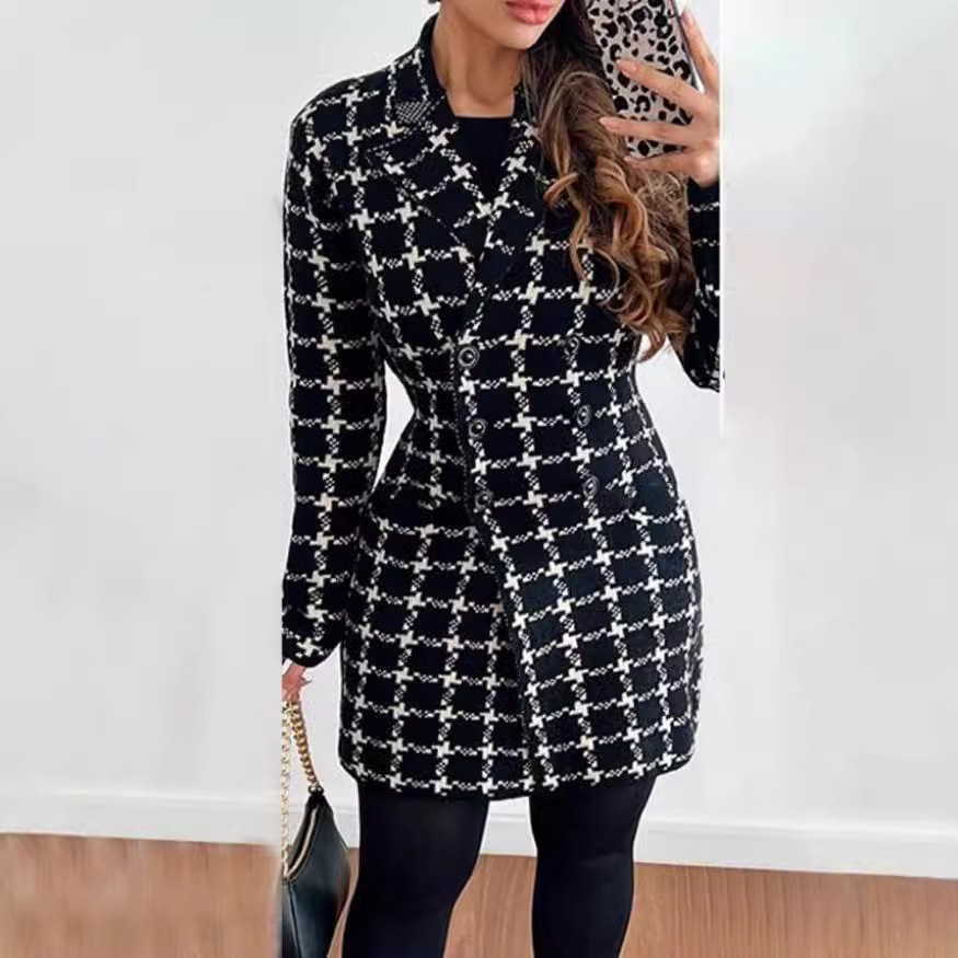 2023 Autumn/Winter Long sleeved Double breasted Suit Collar Printed Small Coat Womens Wear