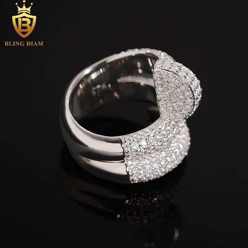 Blingdaim Jewelry Ring 925 Silver VVS Moissanite Fully Diamond Ice Out Hip Hop Mens Bent Nail Rings