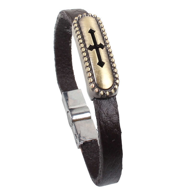 Hot selling genuine leather jewelry, cowhide alloy imitation bronze magnetic buckle cross bracelet