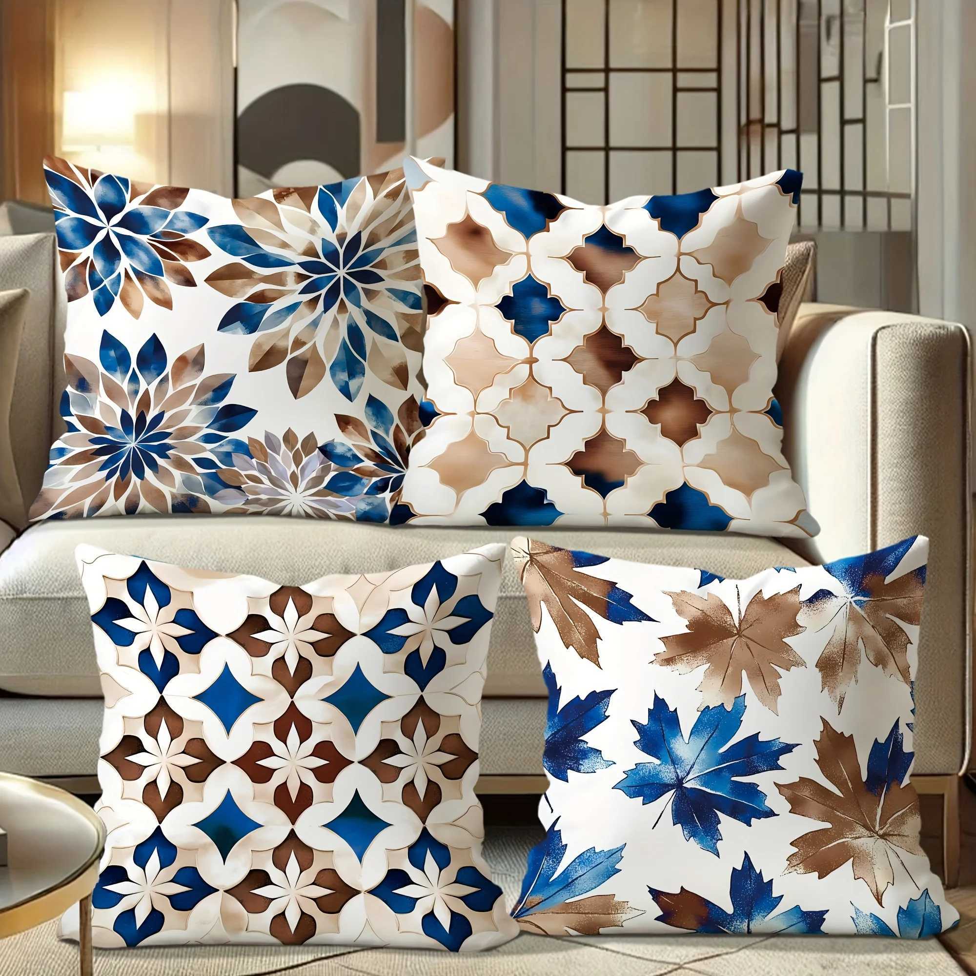 Blue Brown Floral Geometric throw pillow cover with short plush print for living room decoration cushion cover pillow covers G251124