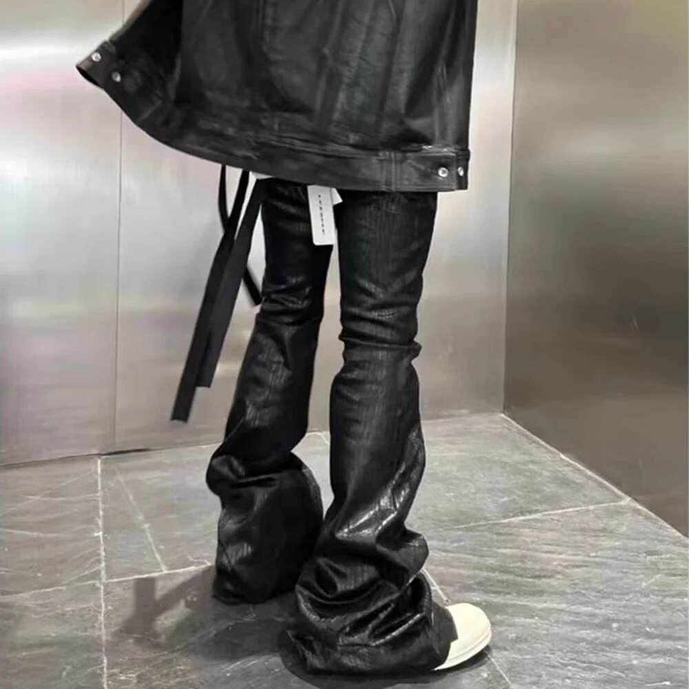 Streetwear Black Wax Leather Strecth Jeans For Men Ropa Hombre Baggy Y2k Flare Pants Oversized Straight Denim Trousers