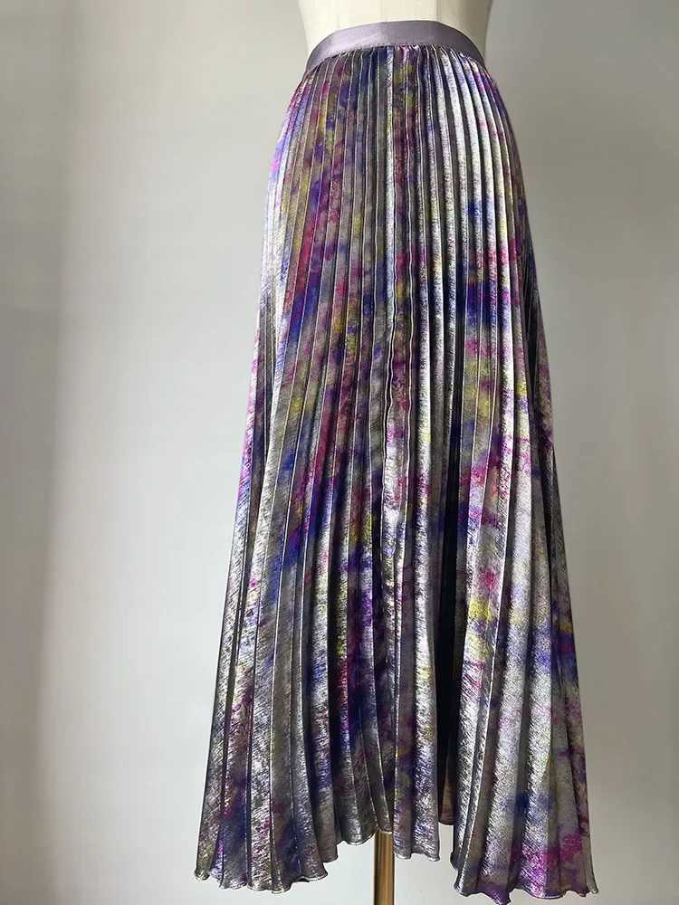 Sparkling Color Luxury High Waist Midi Skiing 2025 Spring/Summer Fashion Trend Elastic Belt Folded Skiing Old Style M250424