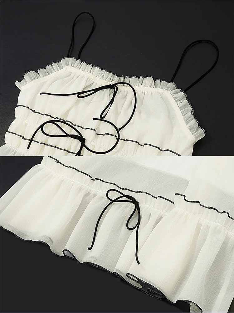 Abrini Elegant Backless Y2K 2-piece Lace spaghetti Strap Folded Hanging Tank TopBeach Skiing Set Holiday Womens Wear 250423