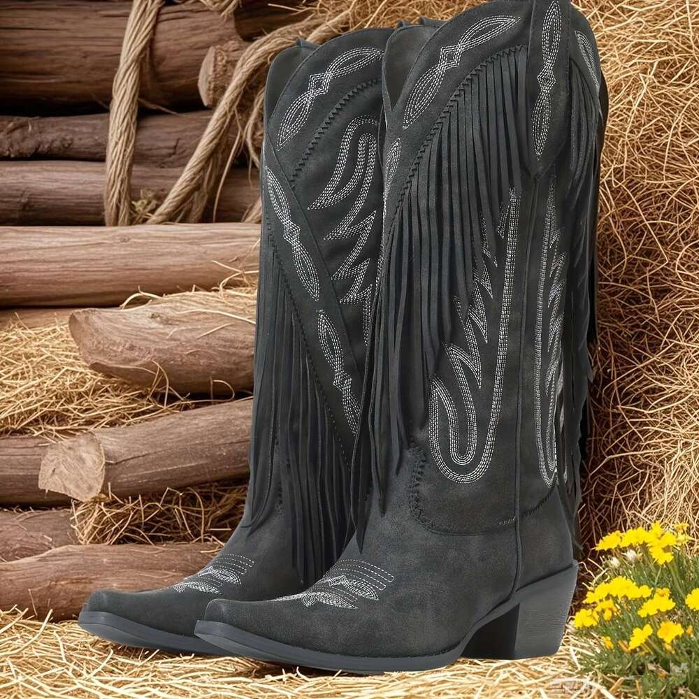 Womens Fashionable Tassel Western Embroidered Chunky Heel Knee High Shoes Comfortable Wild Calf Slip On Riding Boots