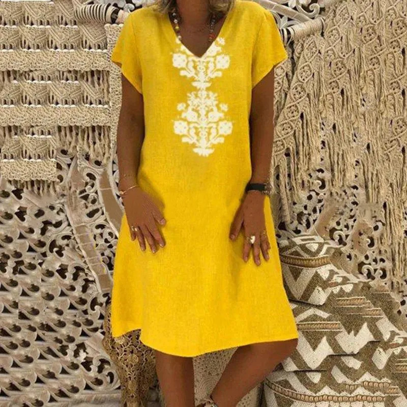 Fashionable printed loose spring/summer V-neck medium length cotton linen dress 250423