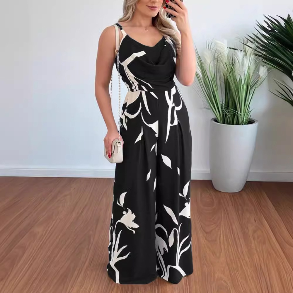 2024 Fashionable and Elegant Hanging Strap Open Back Waist Wide Leg jumpsuit for Women
