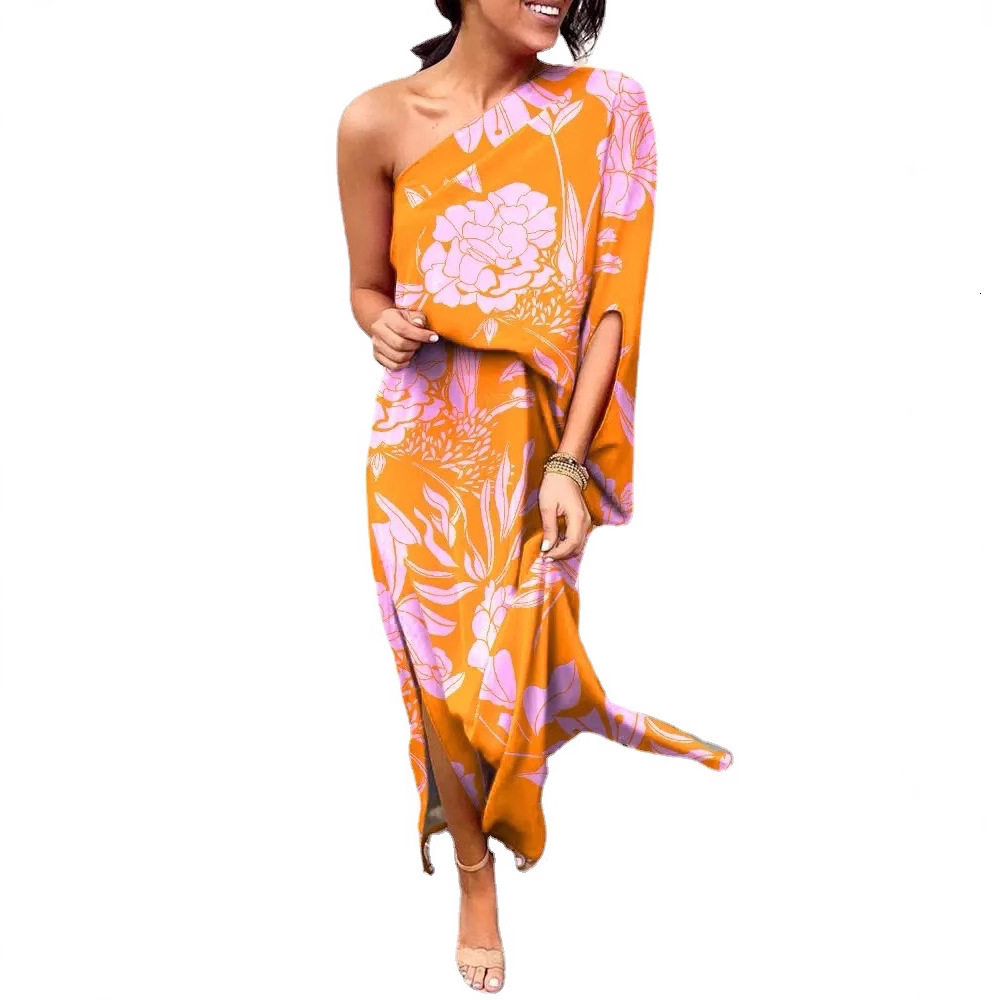 2022 summer loose off shoulder and waist print womens dress