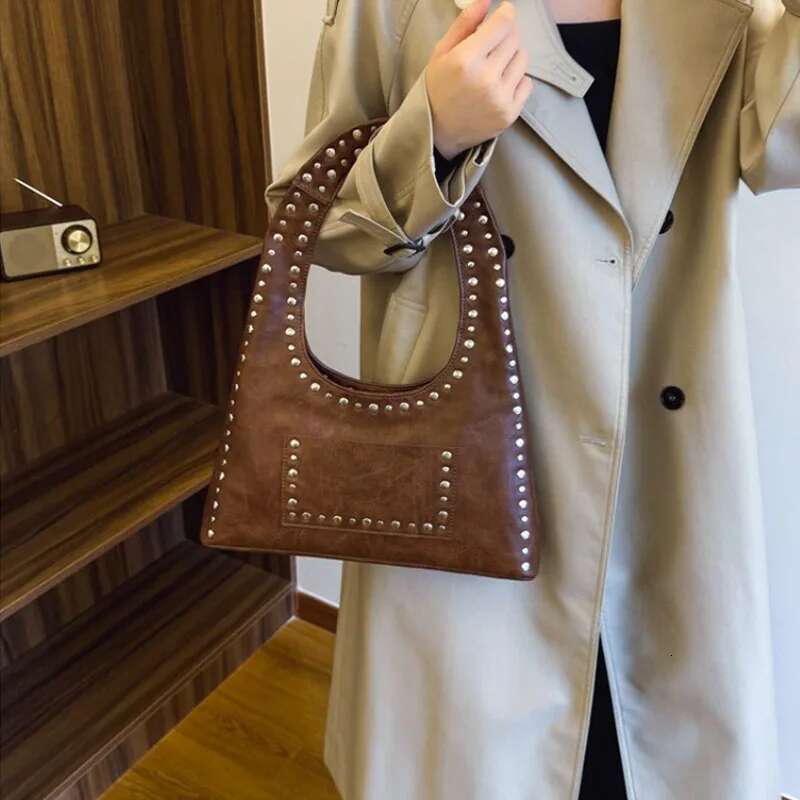 Designer Bag Retro Rivet Decorative Shoulder Bag Trendy Studded Purses Punk Inspired Motorcycle PU Leather Underarm Handbag For Women Bolso