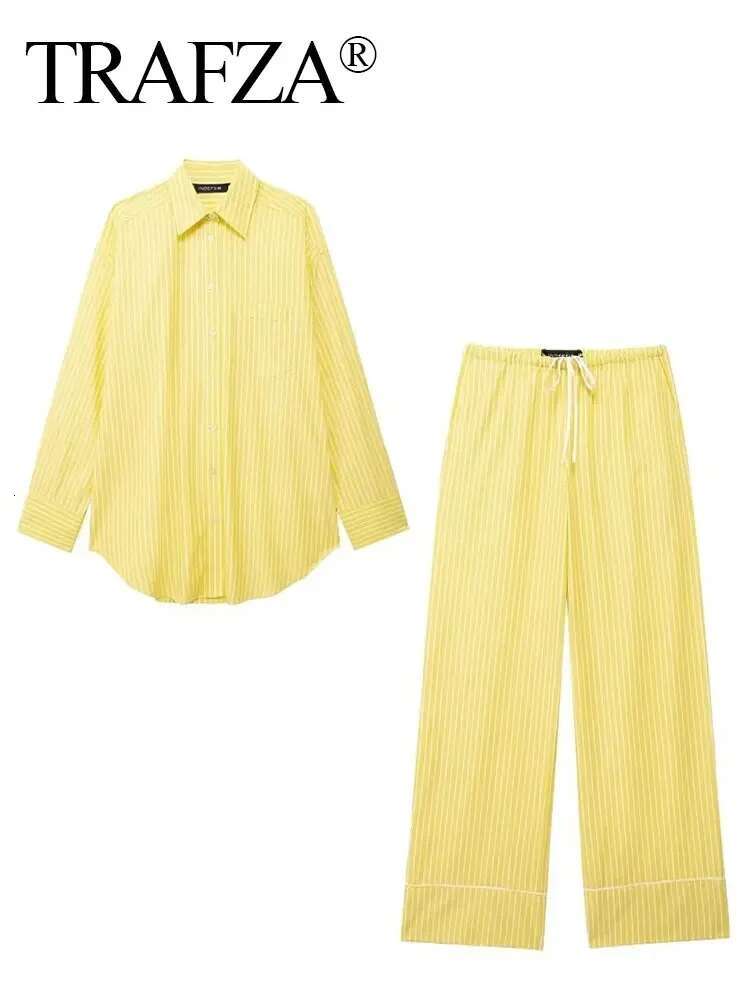 TRAFZA Women Yellow Stripe Blouse Pant Suit Loose Long Sleeve Shirt Drawstring Trousers 2024 Female Fashion Streetwear Outfits
