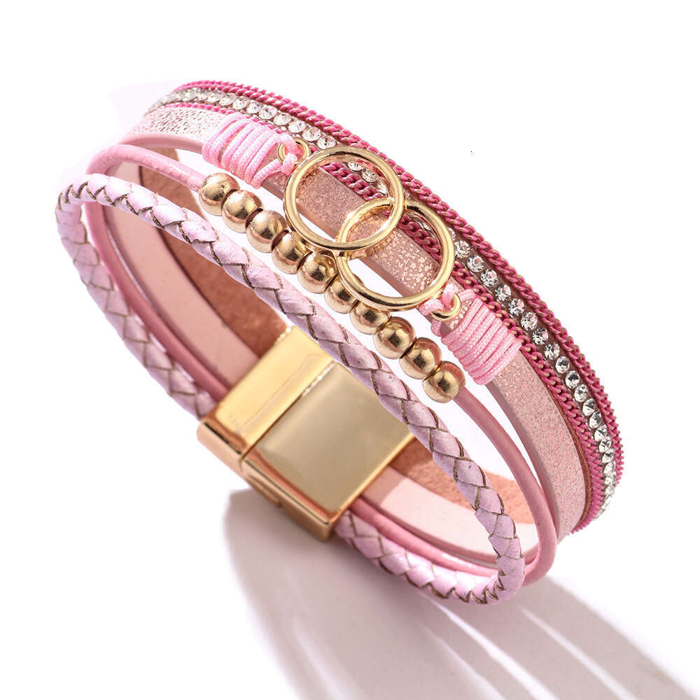 2025 New Product PU Colorful Ring Gold Beads Handmade Weaving Leather Strap Bracelet Campus Fashion Style Jewelry