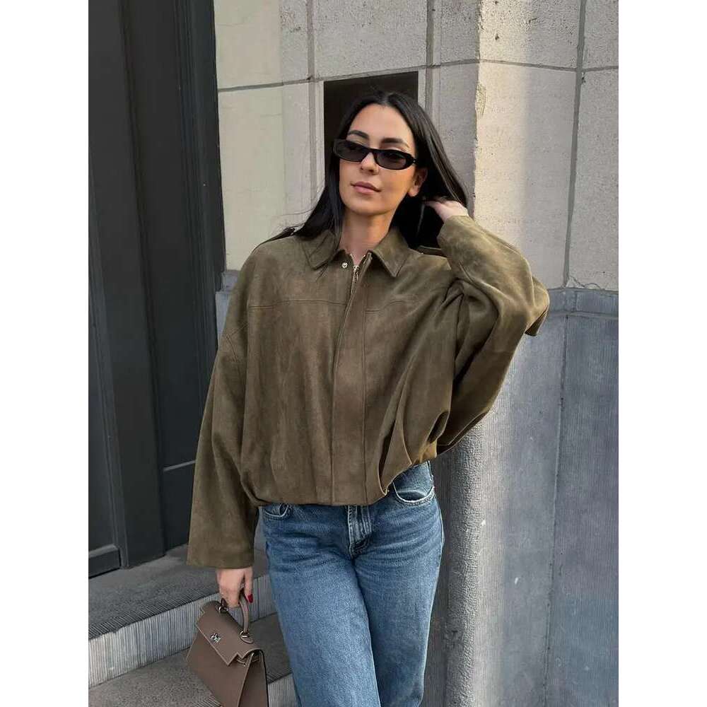 Designer Clothes TRAFZA Female New Spring Vintage Suede Texture Jackets Long Sleeves Solid Lapel Elastic Hem Zipper Fly Loose High Street Coats
