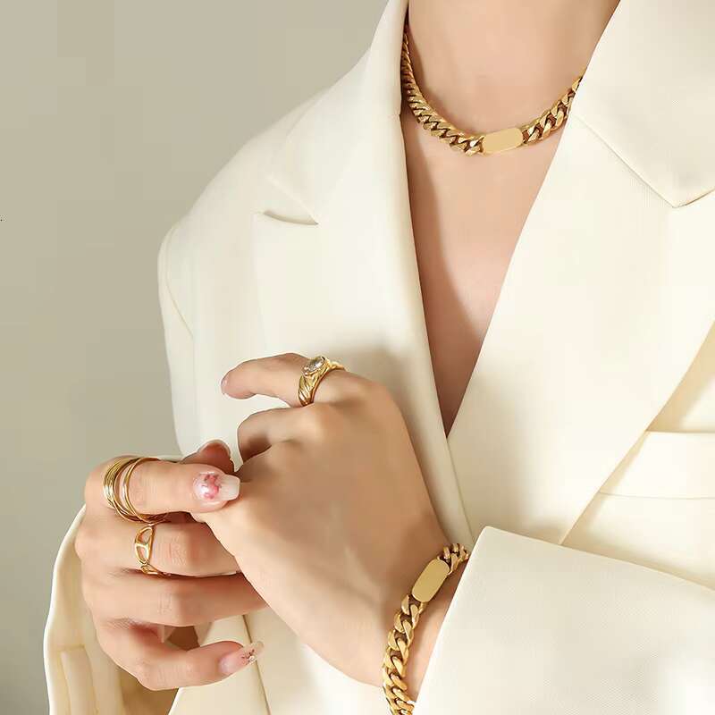 Cool Hip Hop Stainless Steel Cuban Chain Necklace Gold Plated Bracelet Sets Fashionable Accessories for Wedding Party Engagement