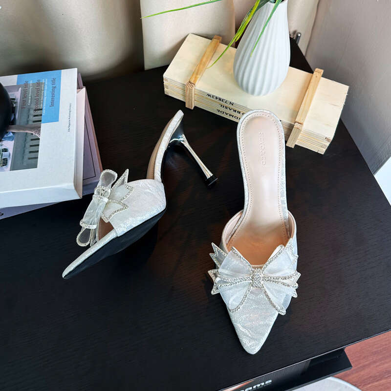 Woman Sandals French Style Slim Heel For Women S Summer Sexy Open Toed High Heels Bow Pointed Silver Rhinestone Sandals