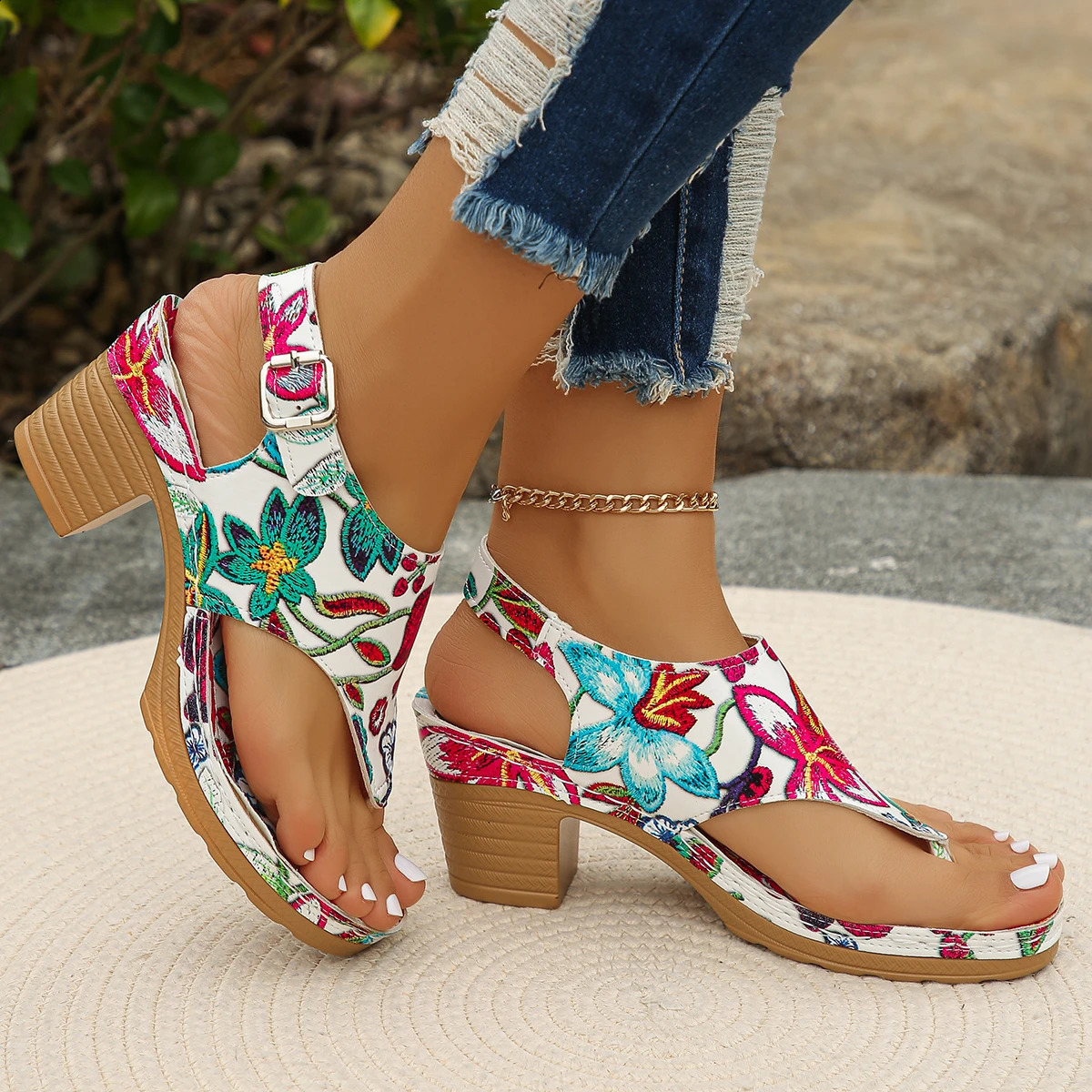 Fashion Summer Women Sandals Outdoor Mixed Colors Open Toe Shoes for Women Chunky Heels Large Size Rome Elegant Sandals Women 250418