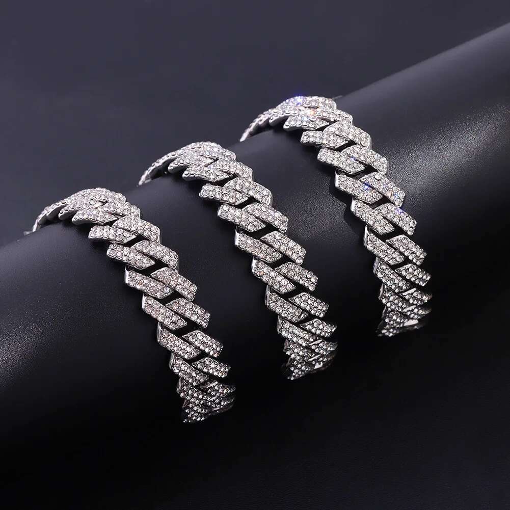Gold Color Rhinestones Paved Prong Miami Cuban Link Chain Necklace For Women Men Iced Out 2 Row Rhombus Cuban Chain Gift Jewelry