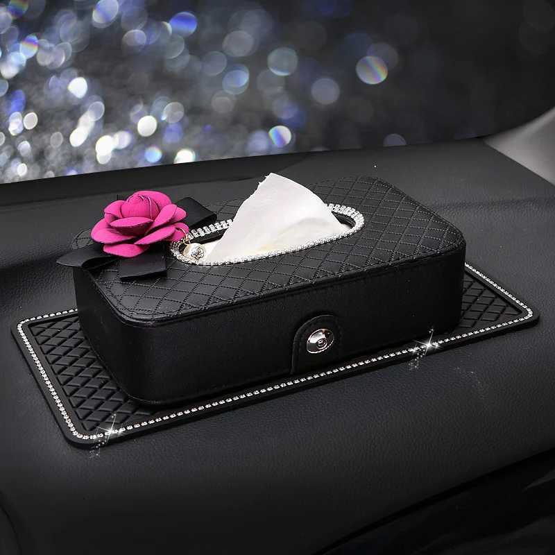 Crystal Car Tissue Box Camellia Flower PU Leather Auto Tissue Bag Seat Back Headrest Hanging Holder Case For Car AccessoriesM251124