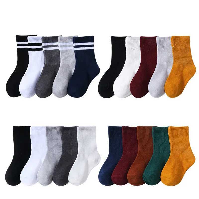 5 Pairs/Lot Autumn Winter High Elastic Simple Children Socks Korean Cotton Stripes Solid Color Alphabet Boys Girls Socks 1-12 Y G251124
