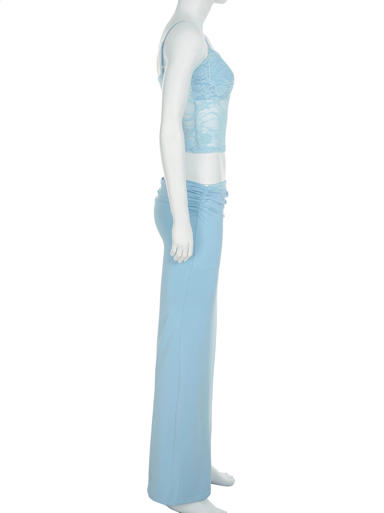 IAMSURE Holiday Solid Splicing Lace Dress Set Beach Style See Through 2-piece Set Sleeveless Camis Top Low Waist Long Dress 250423