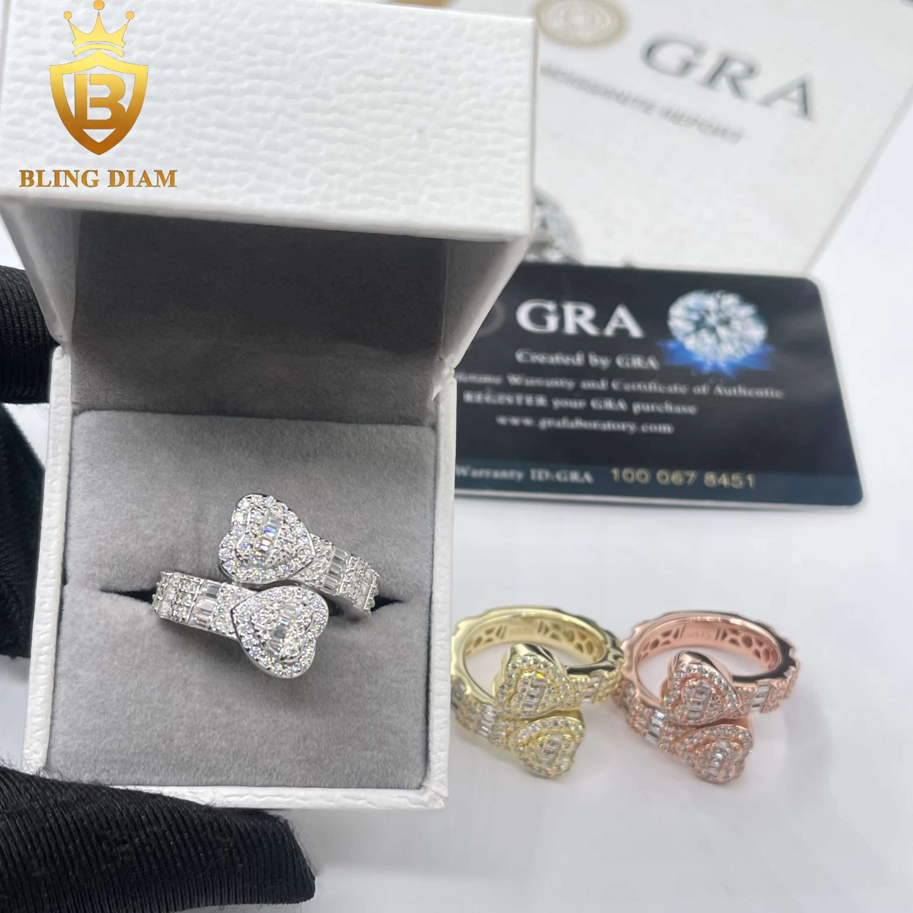 Ready to Ship Fashion Jewelry VVS Moissanite Diamond Two Heart Shape Ring Women Mens Rings 925 Solid Silver