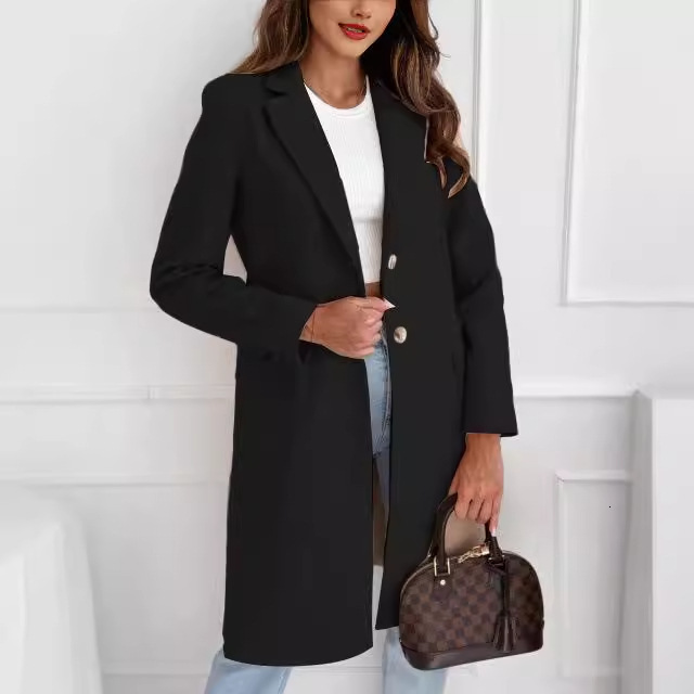 2024 autumn and winter simple solid color medium long button down woolen coat jacket for women