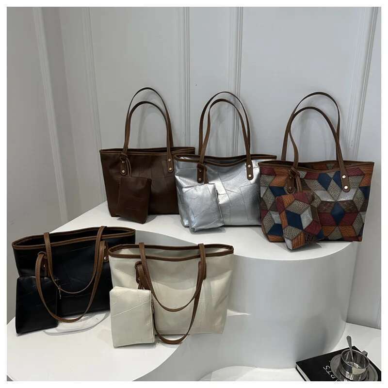 Vintage Patchwork PU Leather Casual Tote Bags For Women, Large Capacity Shoulder Bag Ladies Handbags And Purses