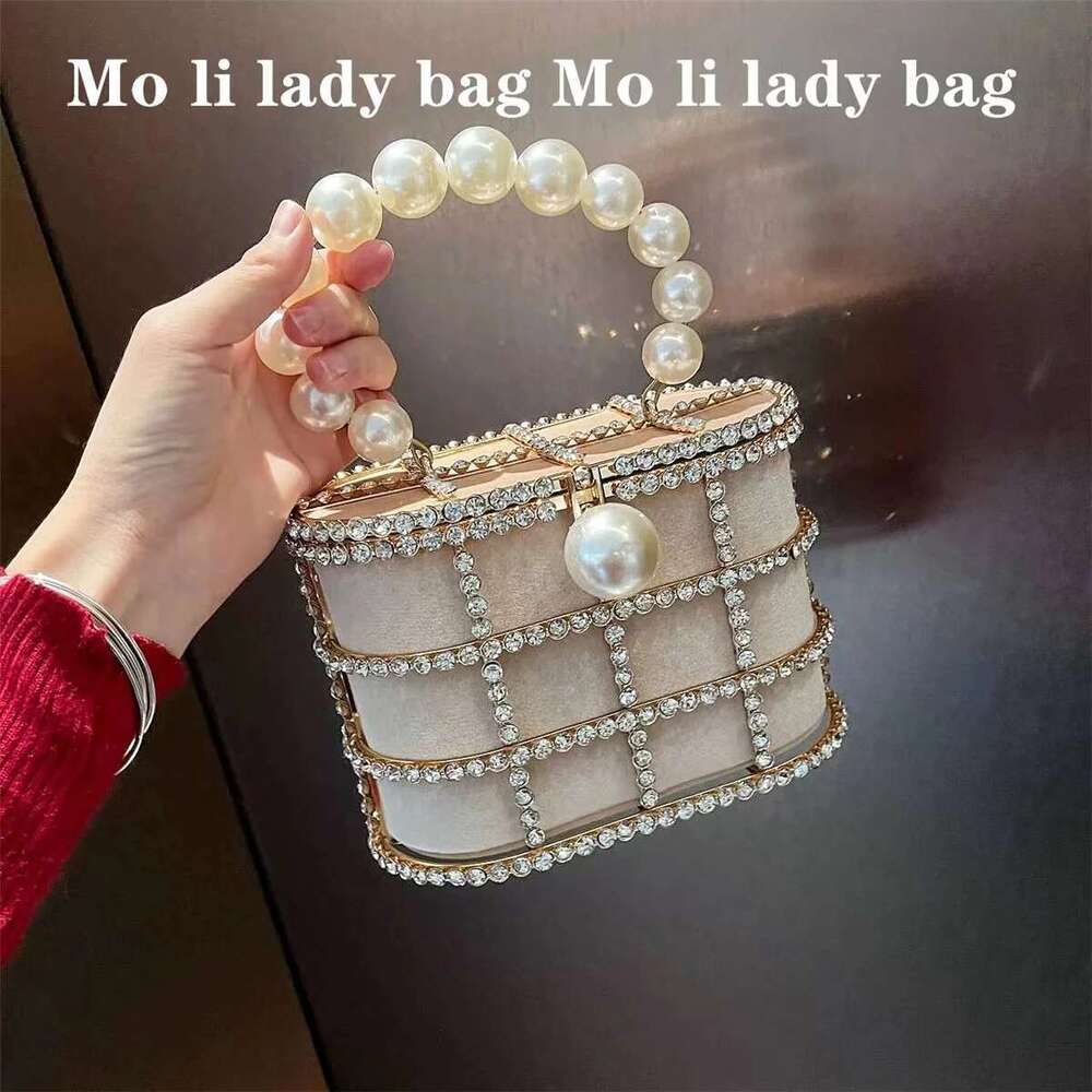 Designer Bag 2025 Crystal Shiny Dia Metal Cage Pearl Beaded Women Handbag Elegant Evening Wedding Party Clutch Purse Crossbody Bag Luxury Bag