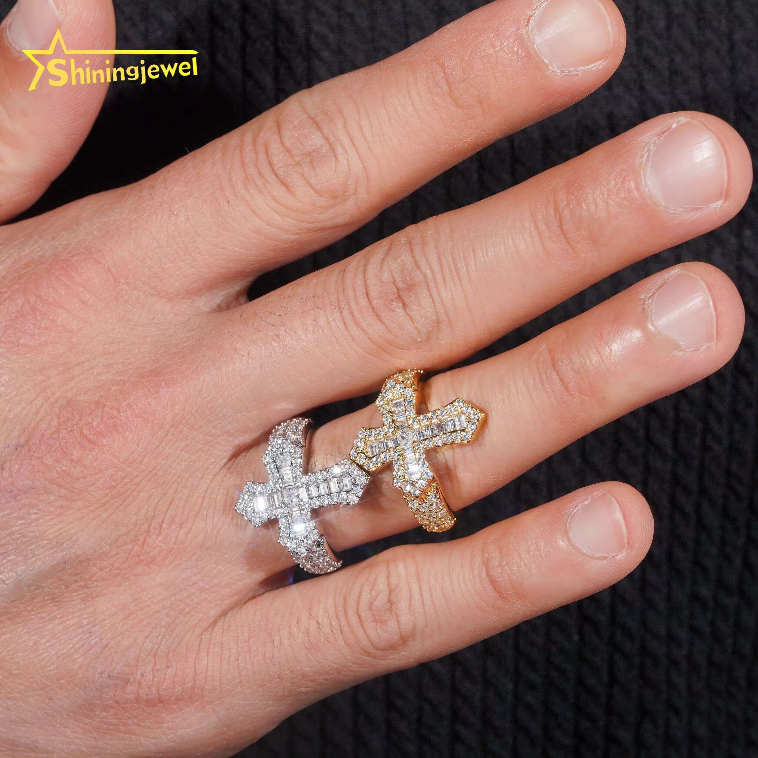 Hip Hop Cross Style Iced Out Baguette Cut Moissanite Diamond Ring Custom 925 Sterling Silver Men Ring Moissanite Fine Jewelry
