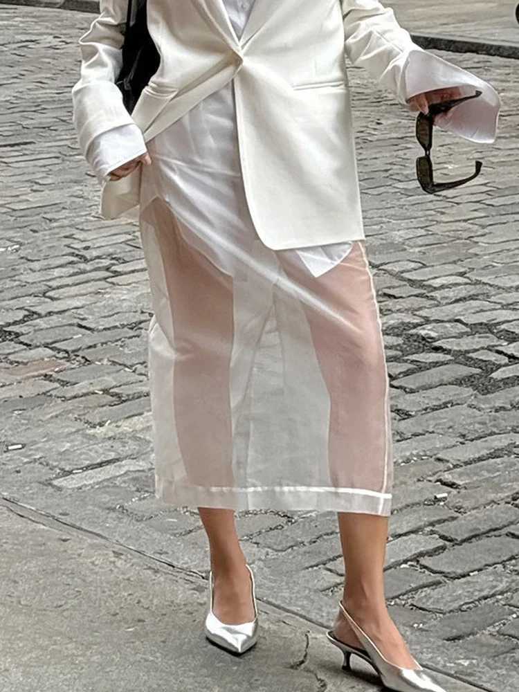 Trendix Sexy See Through Mesh Skirt Women White High Waist Seam Loose Leather Autumn Street Fashion Club Party Skirt Women M250424