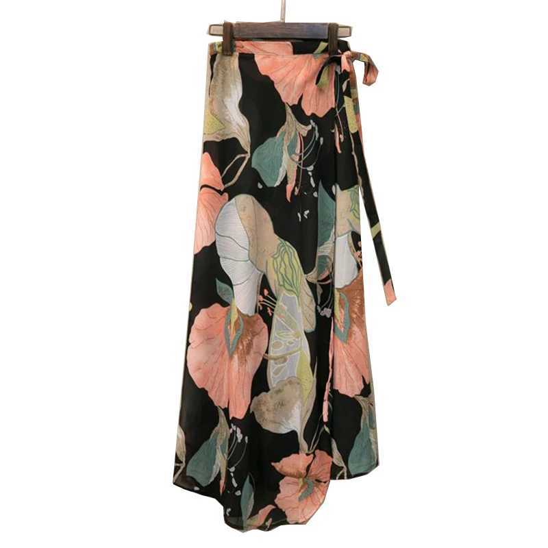 Fashionable chiffon womens floral printed shoulder strap integrated beach skiing summer high waist bag floral long belt seam M250424