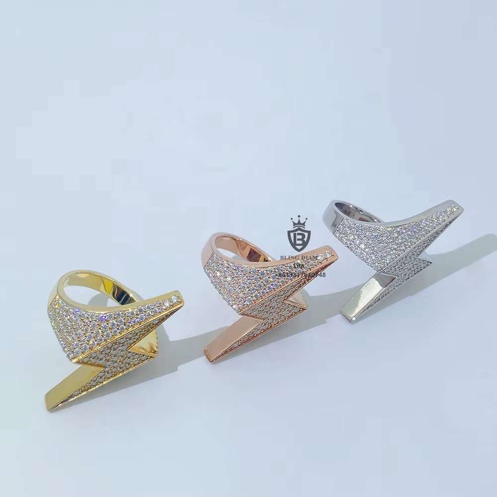 Buss Down Bling Jewelry High Quality 18k Gold Plated lightning Huge Hip Hop Men Silver Moissanite Ring