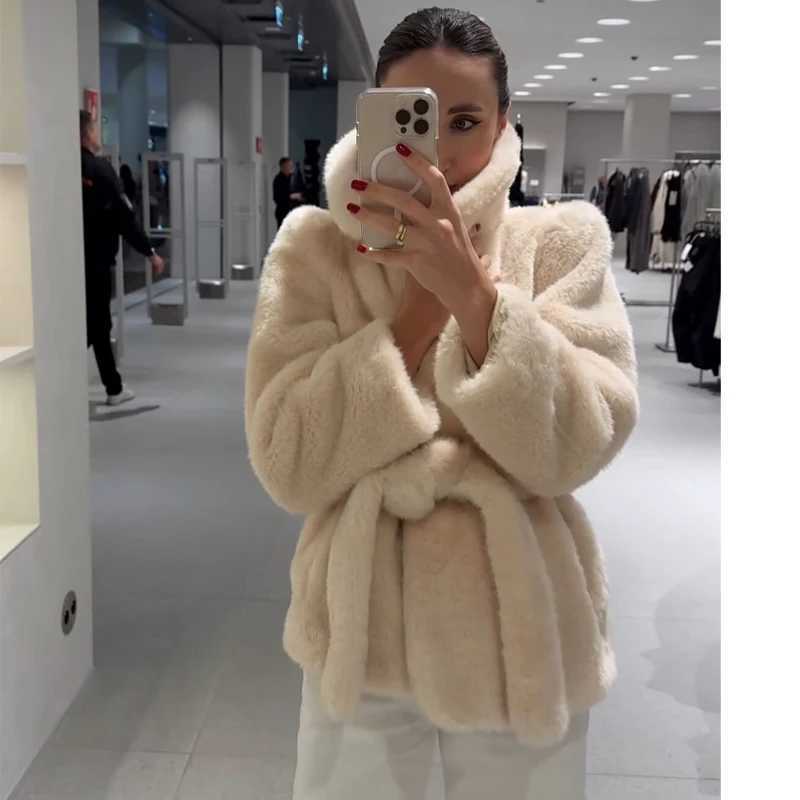 MUJER Faux Fur Plush Jacket Women Fluffy Demi-season Jackets for Women Warm Winter Womens Teddy Coats Belt New in Outerwears J251124