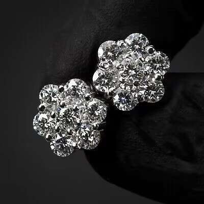 Wholesale Price DEF VVS Moissanite Pointer Flower Cluster Earrings 10K Solid Gold 925 Sterling Silver Men Stud Earrings