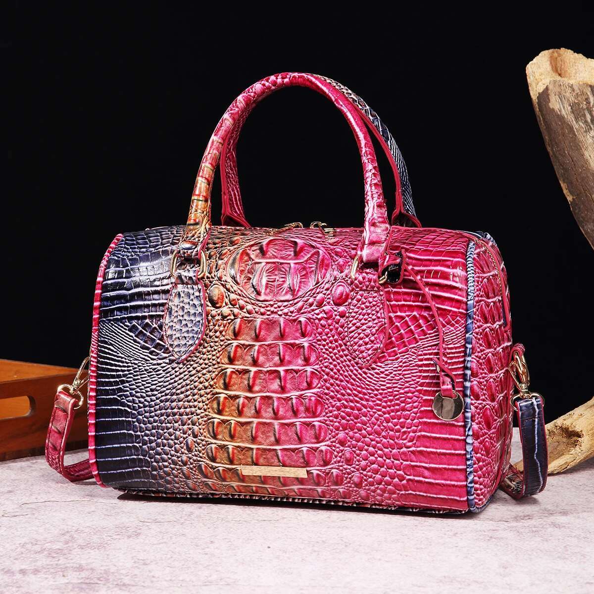 Ombre Crocodile Emed Boston Handbag Classic Style Crossbody Bag Women's Leather Satchel Purse