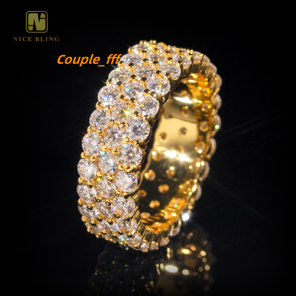GRA Certificate 925 Sterling Silver Gold Plated Hip Hop Jewelry New Style 3row Stone VVS Diamond Moissanite Hip Hop Ring