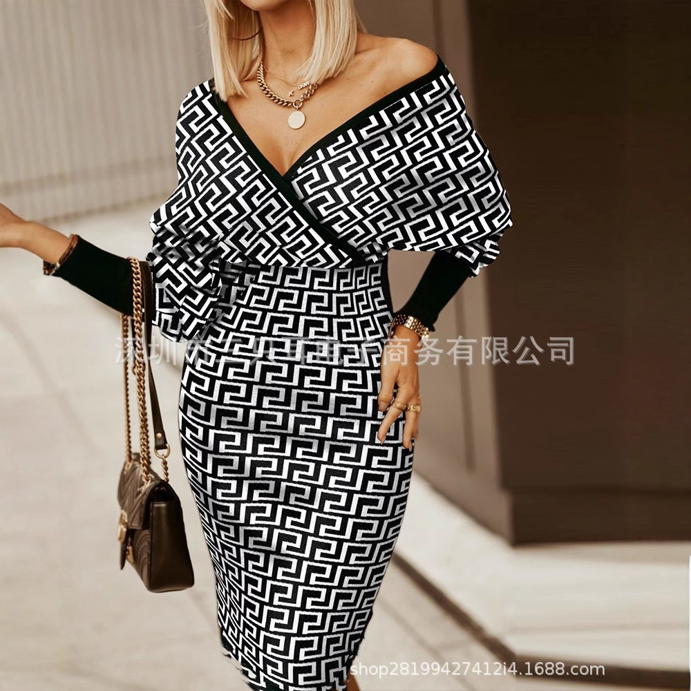 Aw2021 V-neck geometric print tight bag hip medium length dress women