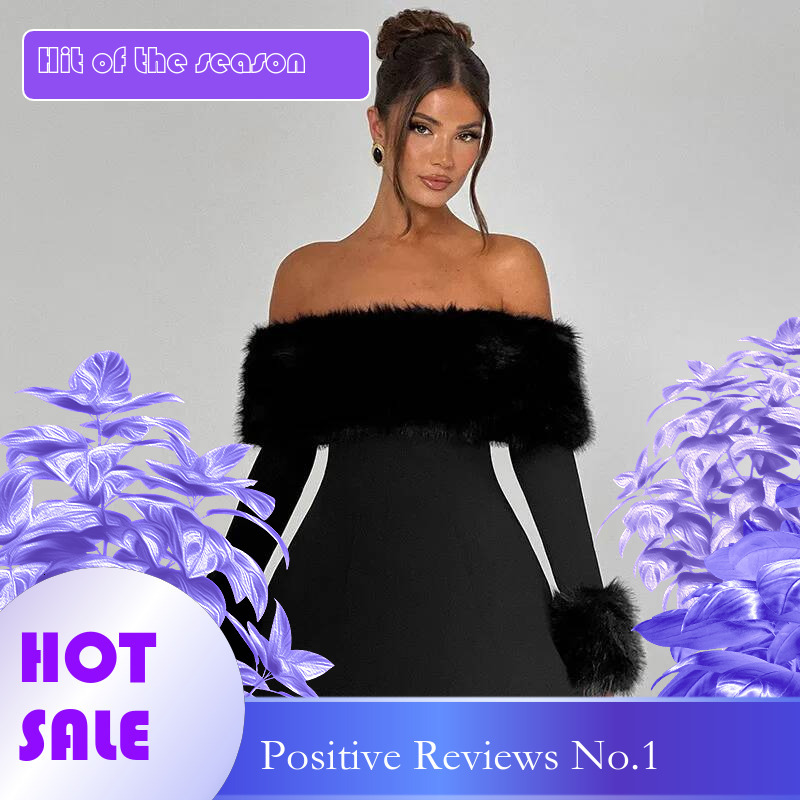 Dongdumaoyi Townlike Waist Wrap A Line Dress Women Off Shoulder Mini Autumn Winter Backless Fur Collar Sexy Party Dresses