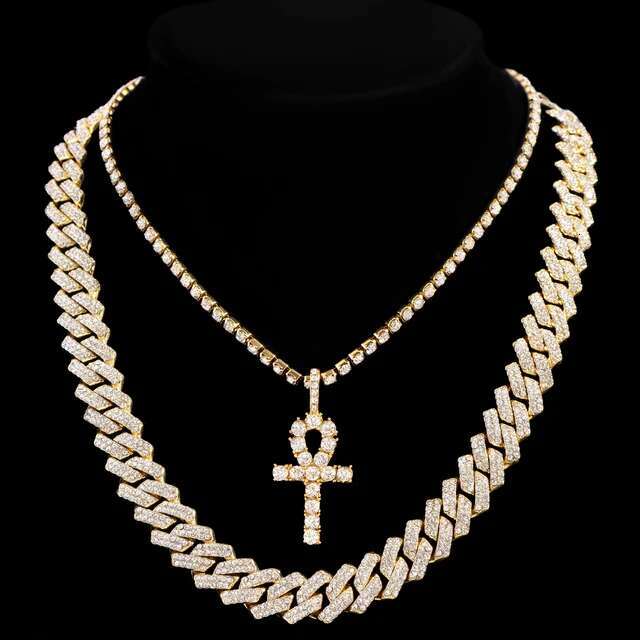 2Pcs Punk Crystal Cross Ankh Tennis Chain Iced Out Prong Cuban Link Chain Necklace For Men Women Rapper Necklaces Hiphop Jewelry