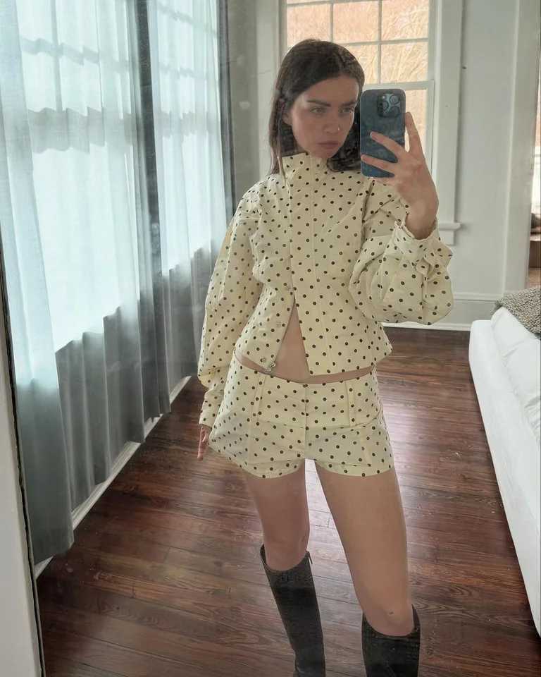 New Women Polka Dot Printing Jacketfashion Slim Fit High Neck Full Sleeve Casual Short Coat J251124