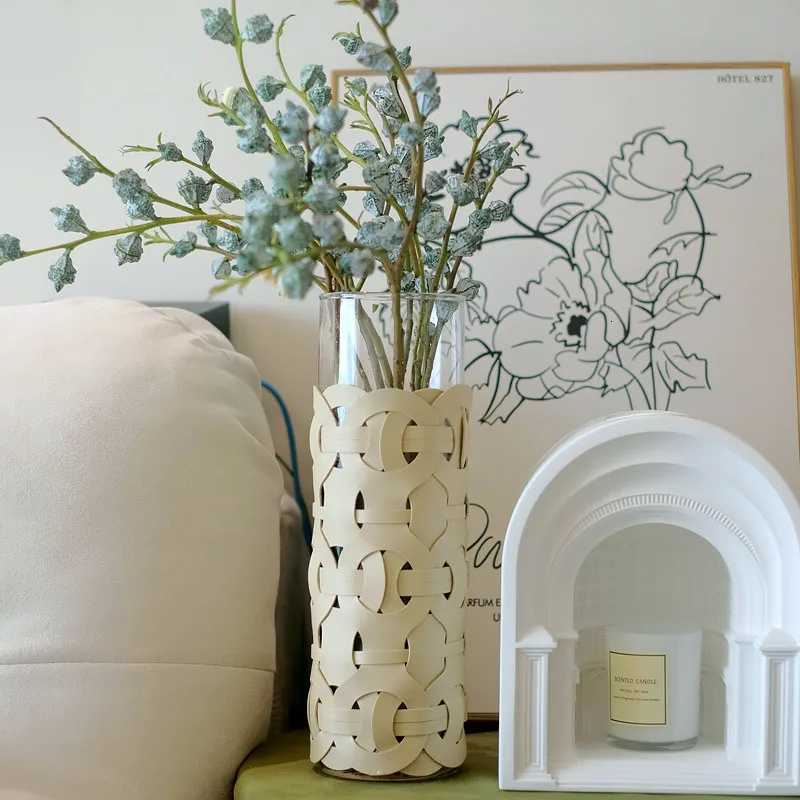 Straight glass vase living room light luxury high-grade hand-woven leather ornament flower decoration C251124