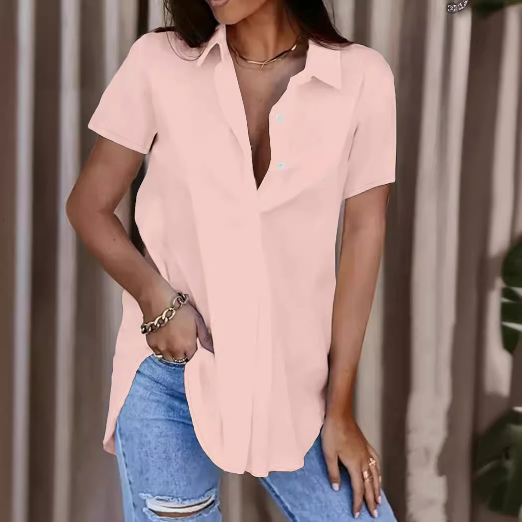 2024 Summer Simple Solid Color V-neck Button Womens Shirt