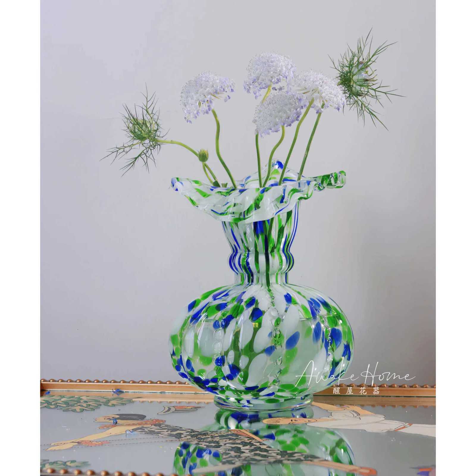 Cute Blue-green Dots Small and Fresh Water Chestnut Lotus Vase Desktop Light Luxury Soft Decoration Floral Ornament C251124