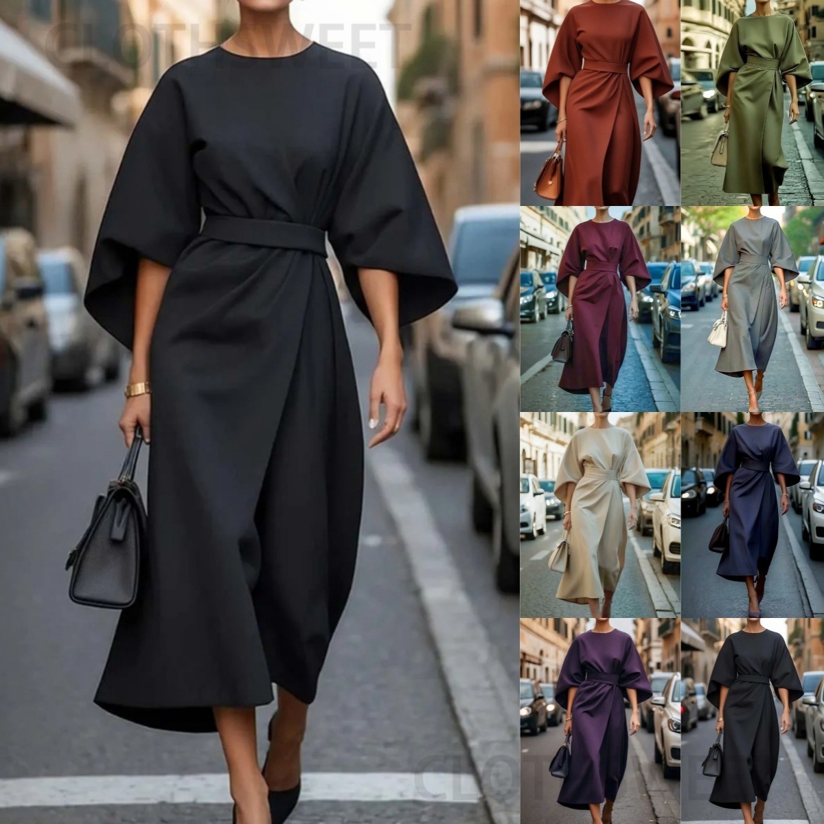 2025 Womens Fashion Elegant Solid Color Waist Dress Casual Bat Sleeve Long Dress
