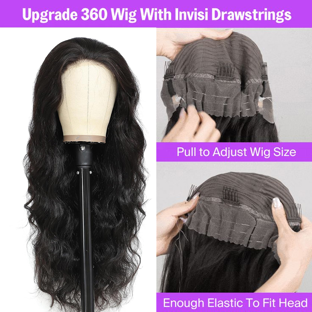 250 Density Invisible Drawstring Body Wave 360 hd Lace Front Wig Human Hair Hidden Strap 360 Glueless Wigs Upgrade Cap For Woman