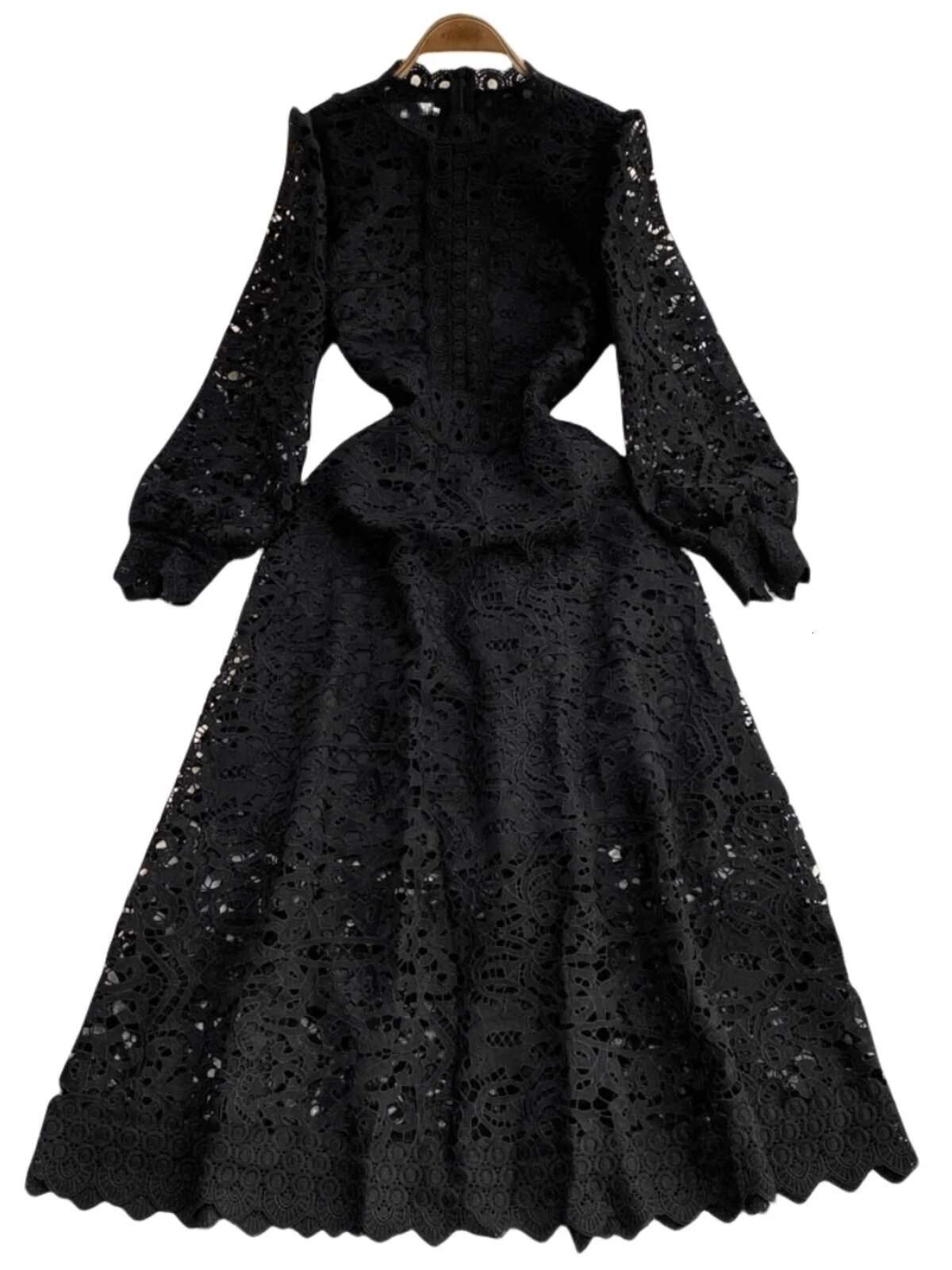 2025 Spring Hollow Out Flower Embroidery White Lace Party Dress For Women's Long Sleeve Midi Dresses Evening Wedding Vestidos